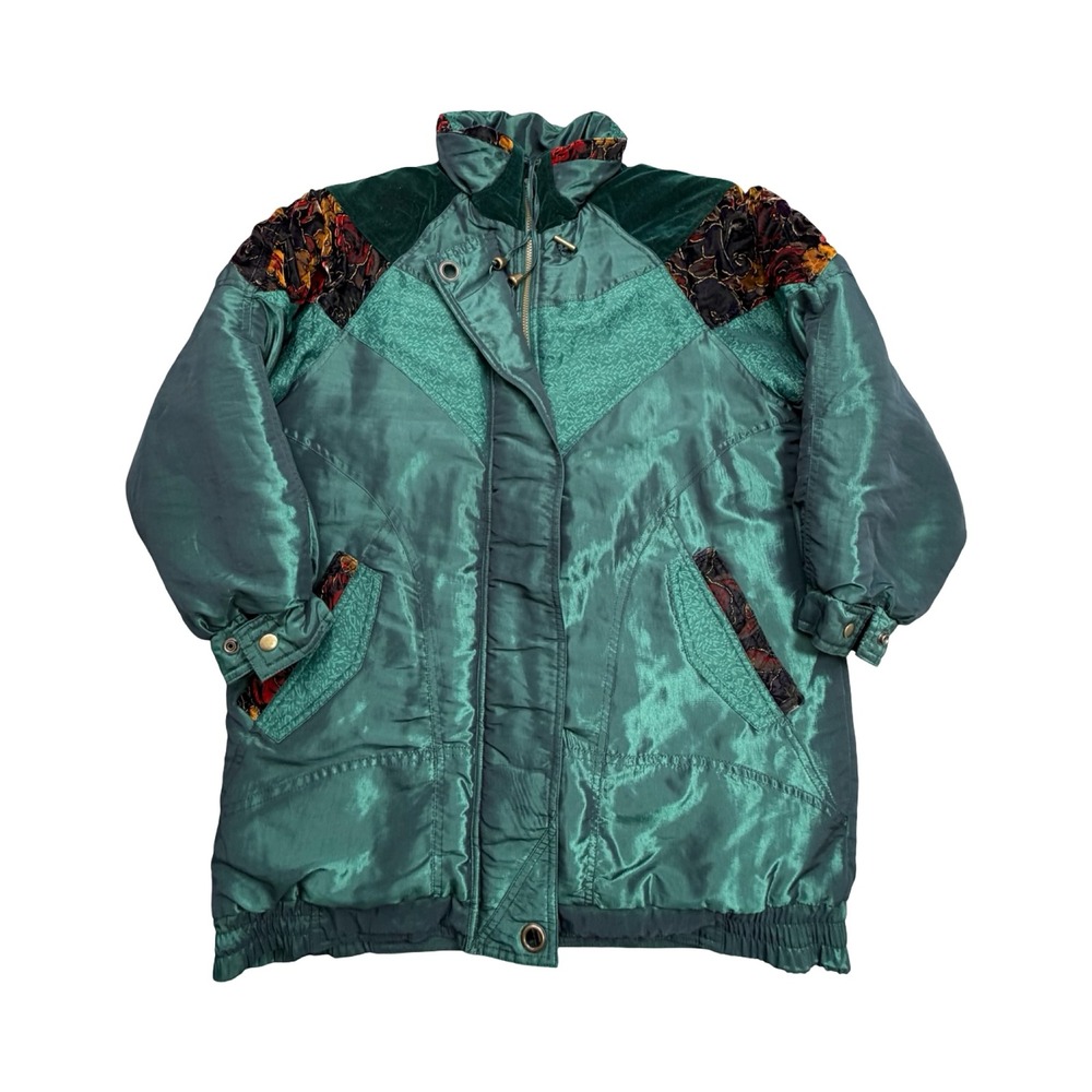 Current Seen Jacket Womens Medium Green Quilted Velvet Trim Vintage Nylon Boho